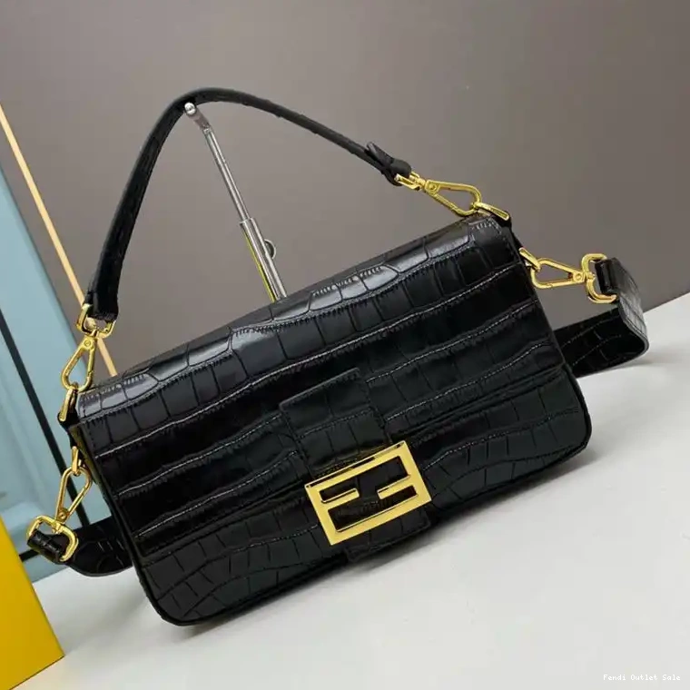 Cheap Leather In Fendi Medium Crocodile Bag Black Baguette 0610